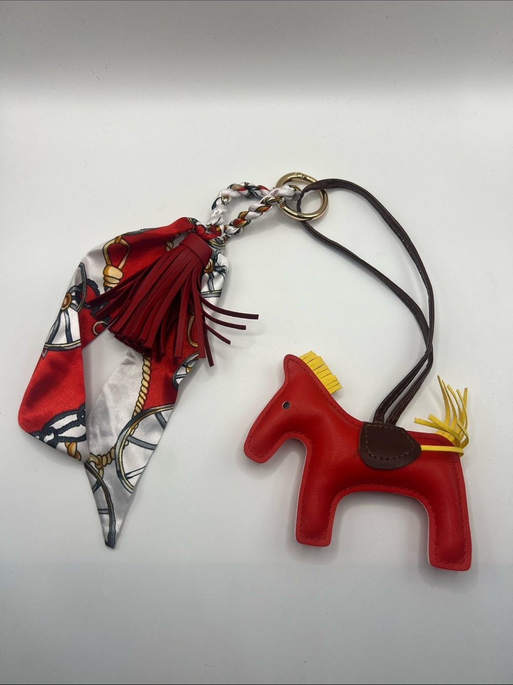 467. Red Horse Bag Charm Keychain with Silk Like Scarf and Red Tassel
